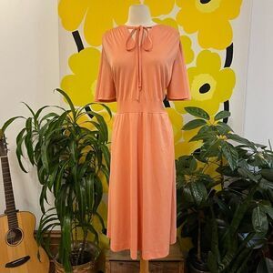 Vintage 1970s Sears Peach Coral Smocked Waist Tie Neck Midi Dress